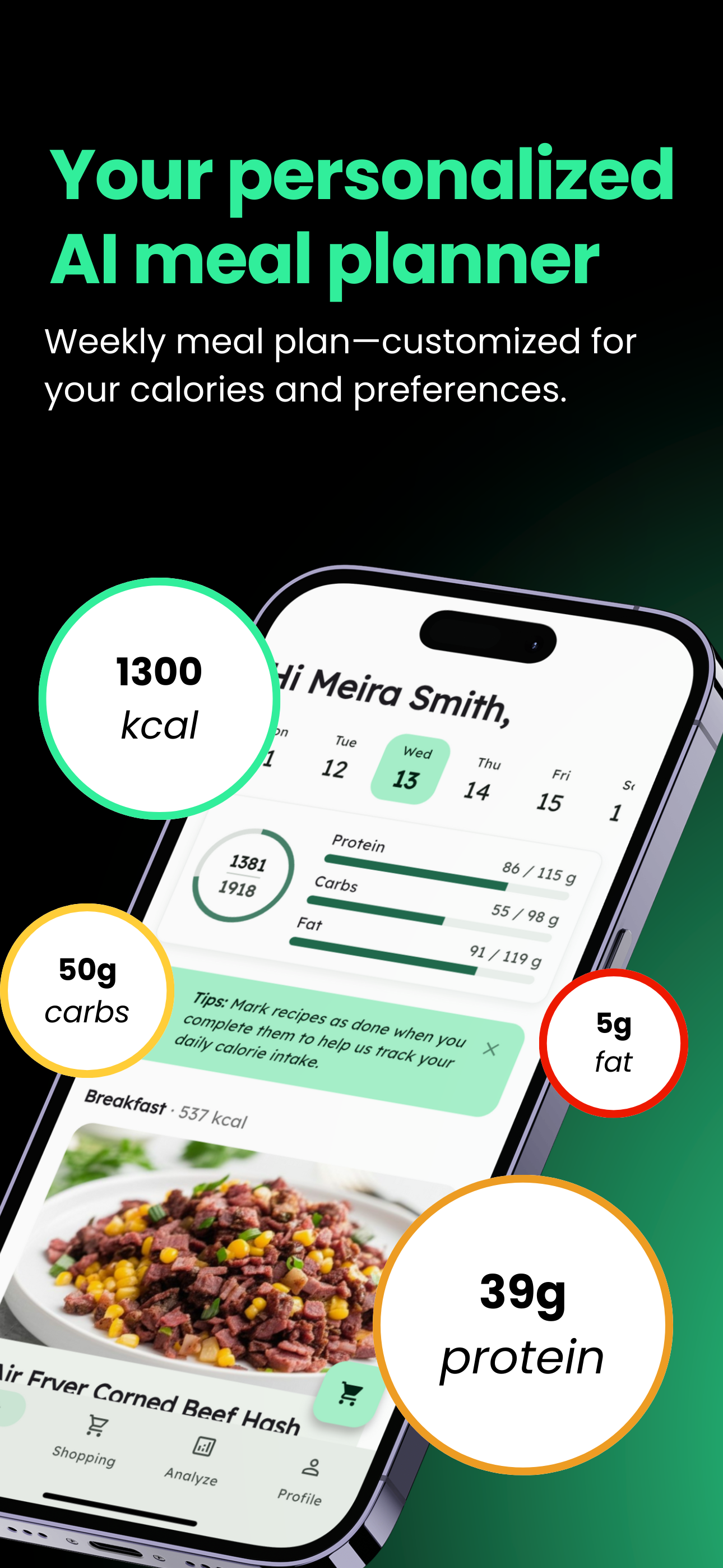 NutriPlan AI meal planning app interface showing personalized meal recommendations